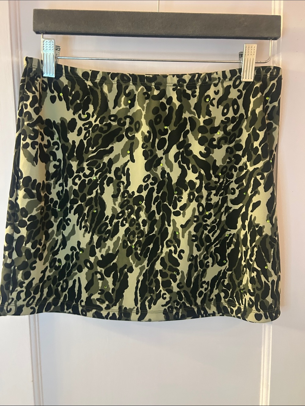 Vintage Early 2000s Express Green Camouflage Mini Skirt with Sequin Accents Smal